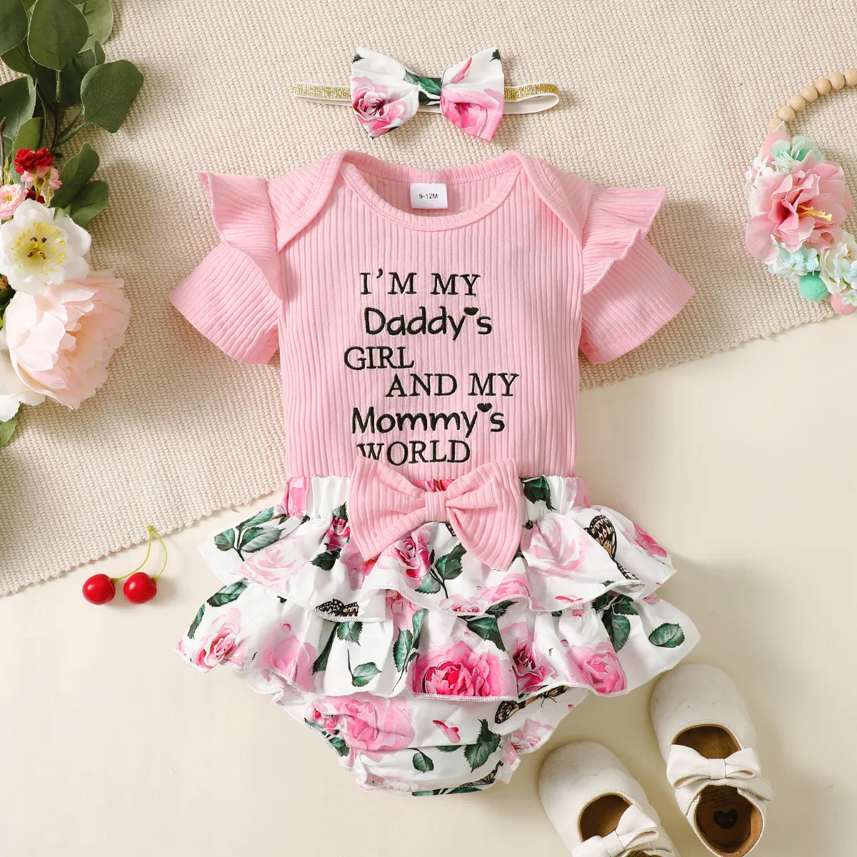 3pcs Baby Girl 95% Cotton Ribbed Ruffle Short-sleeve Letter Embroidery Romper and Floral Print Layered Shorts with Headband Set Pink big image 1