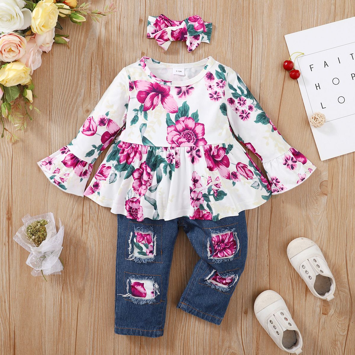 

3pcs Baby Girl 95% Cotton Ripped Jeans and Allover Floral Print Top with Headband Set