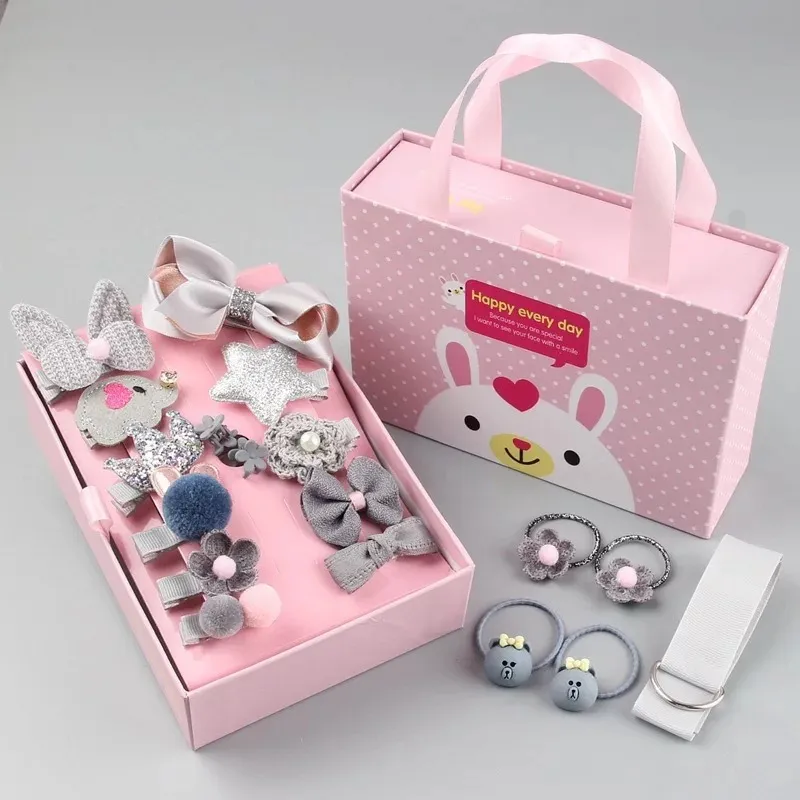 18pcs/set Multi-style Hair Accessory Sets for Girls (The opening direction of the clip is random) Bluish Grey