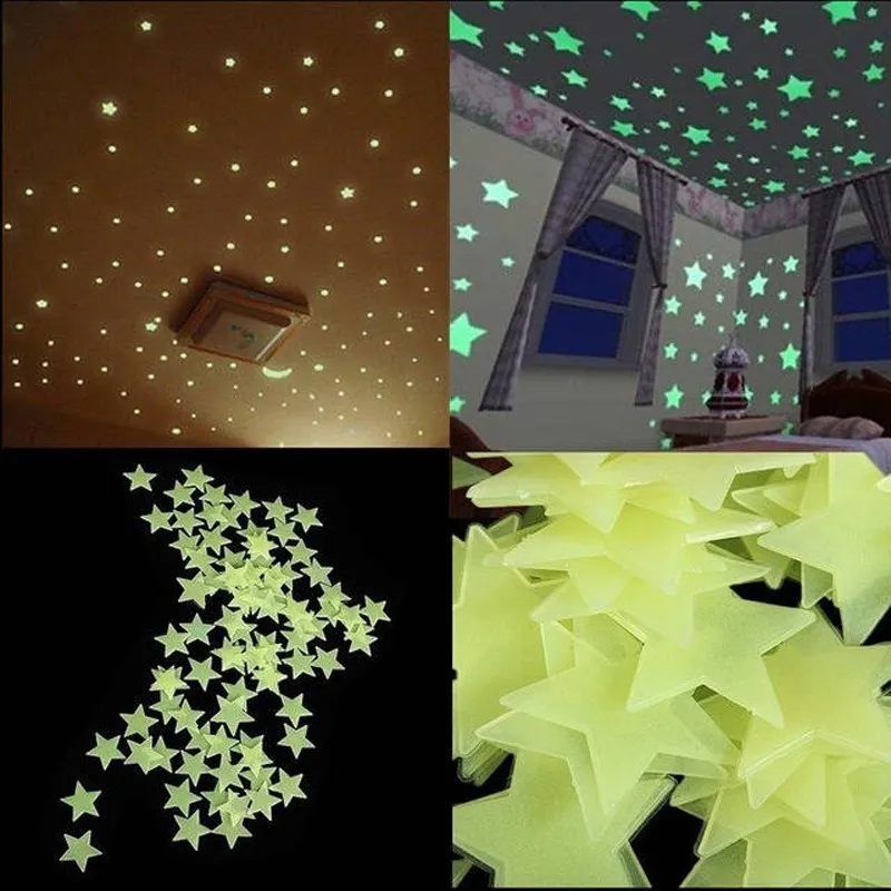 100 pcs/200 pcs estrela fluorescente brilho no escuro adesivos de parede para crianças quarto decalque sala de estar Verde big image 1