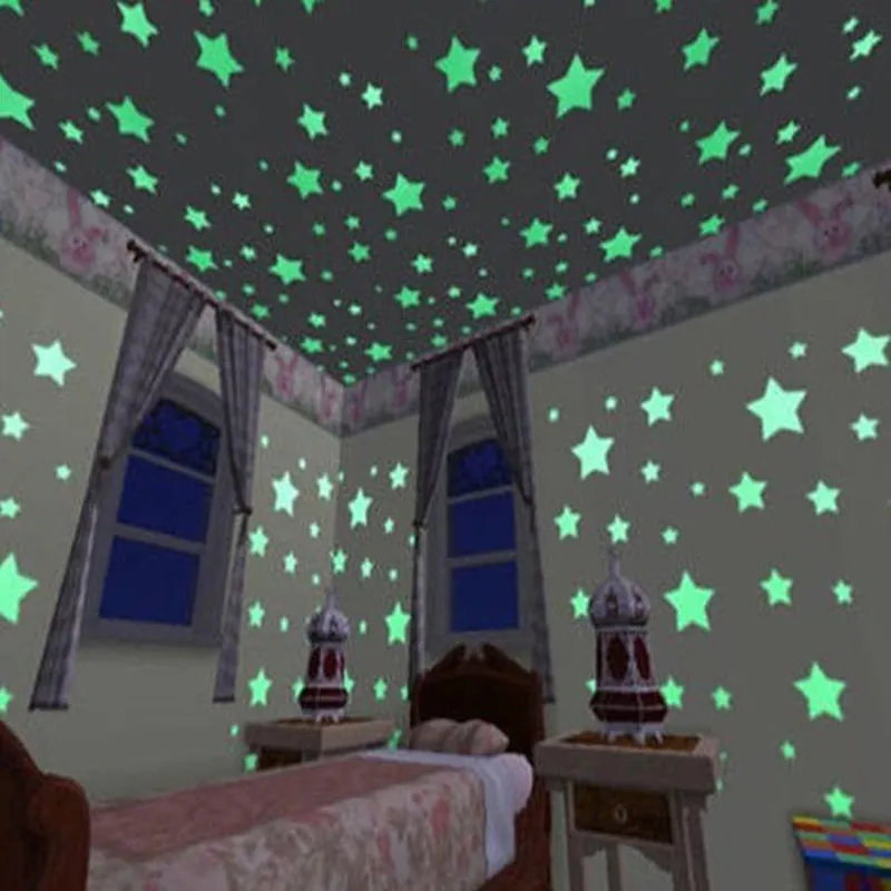 100pcs/200pcs Star Fluorescent Glow In the dark Wall Stickers for Kids Room living room Decal Green big image 1