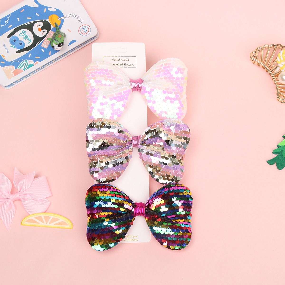 3-pack Pure Color Sequined Bowknot Decor Hair Clip For Girls