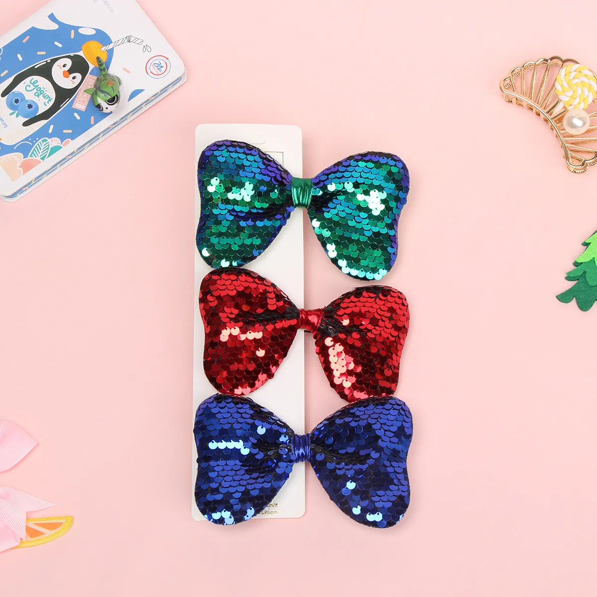 3-pack de lentejuelas de color puro bowknot decor clip para el pelo para niñas Rojo big image 1