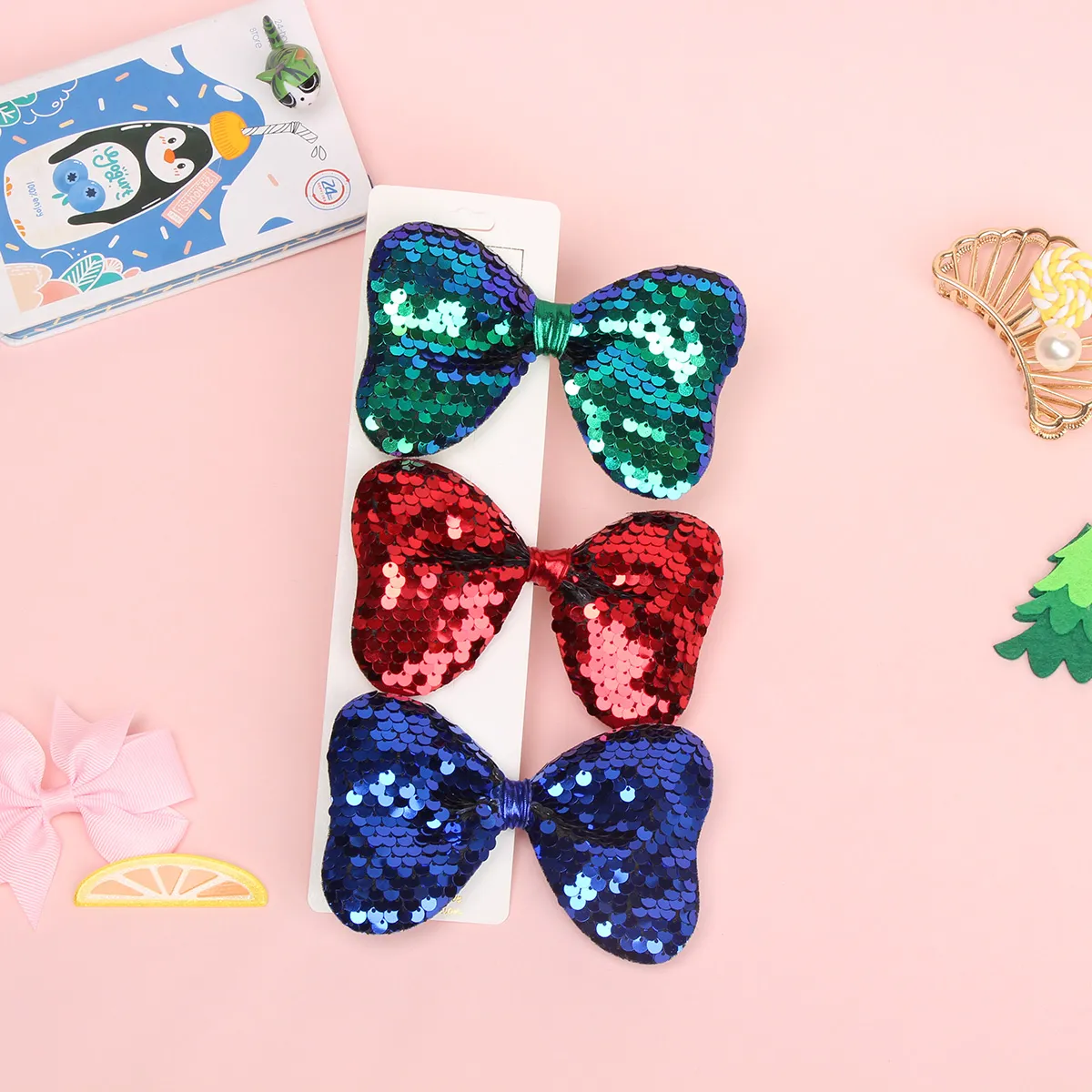 3-pack Pure Color Sequined Bowknot Decor Hair Clip for Girls Red big image 1