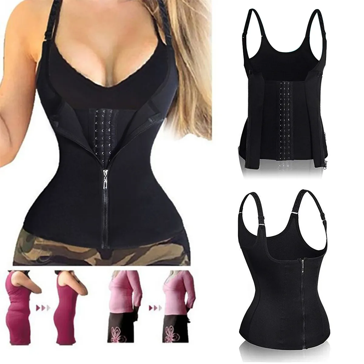 Zip-style Women's Body-contracting Court Corset, Neoprene 3-layer Appliqué Wicking Vest and Shapewear Black big image 1