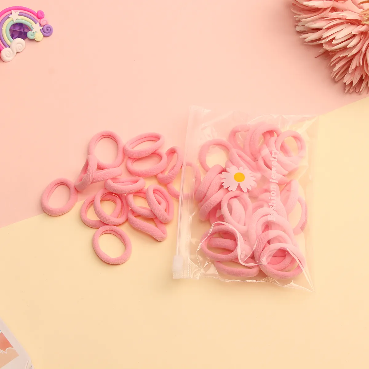 50er-Pack mehrfarbige kleine Gummi-Haargummis für Mädchen rosa big image 1