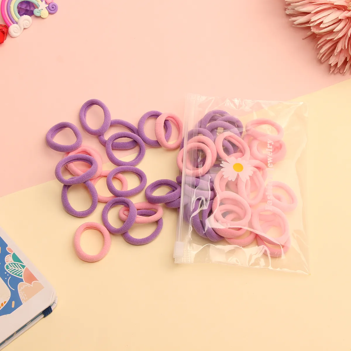 50-pack Multicolor Small Size Rubber Hair Ties for Girls Pink big image 1