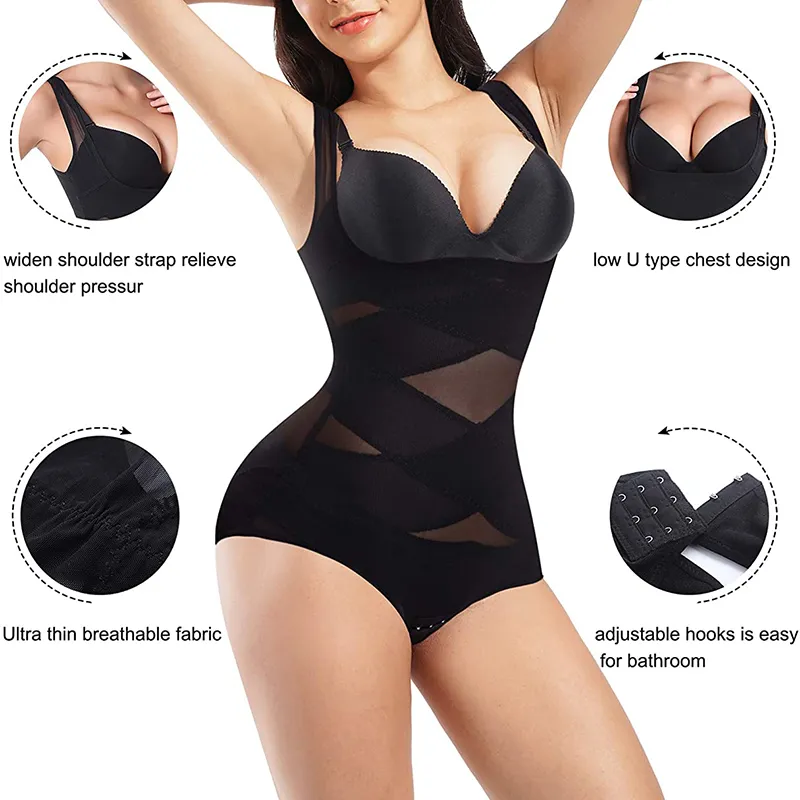 Women Butt Lifter Bodysuit Waist Trainer Shapewear Tummy Control Body Shaper Open Bust Bodysuits Black image 2
