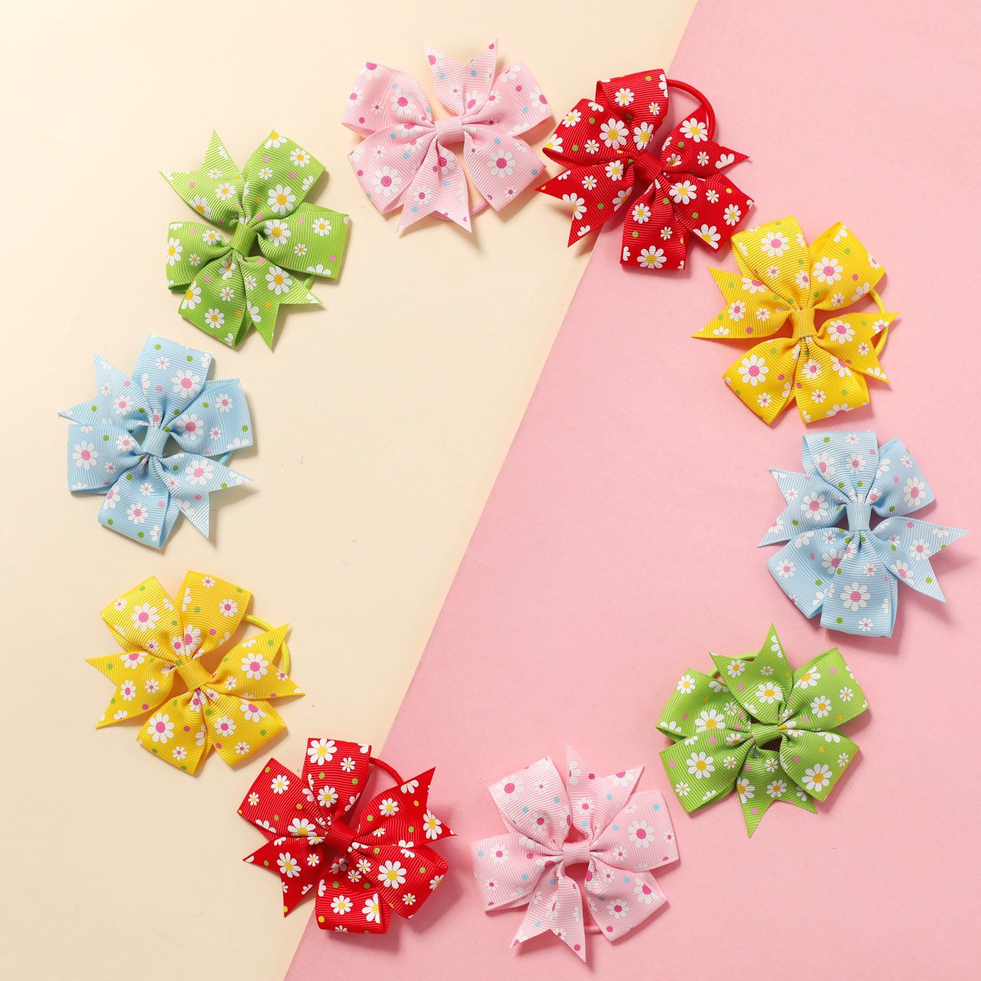 

10-pack Floral Pattern Swallowtail Bow Ribbed Hair Ties for Girls