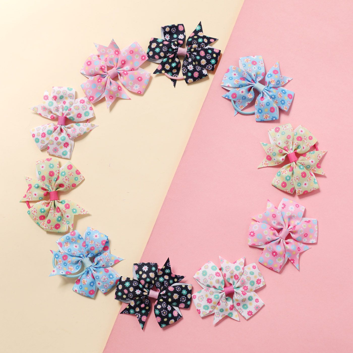 

10-pack Floral Pattern Swallowtail Bow Ribbed Hair Ties for Girls