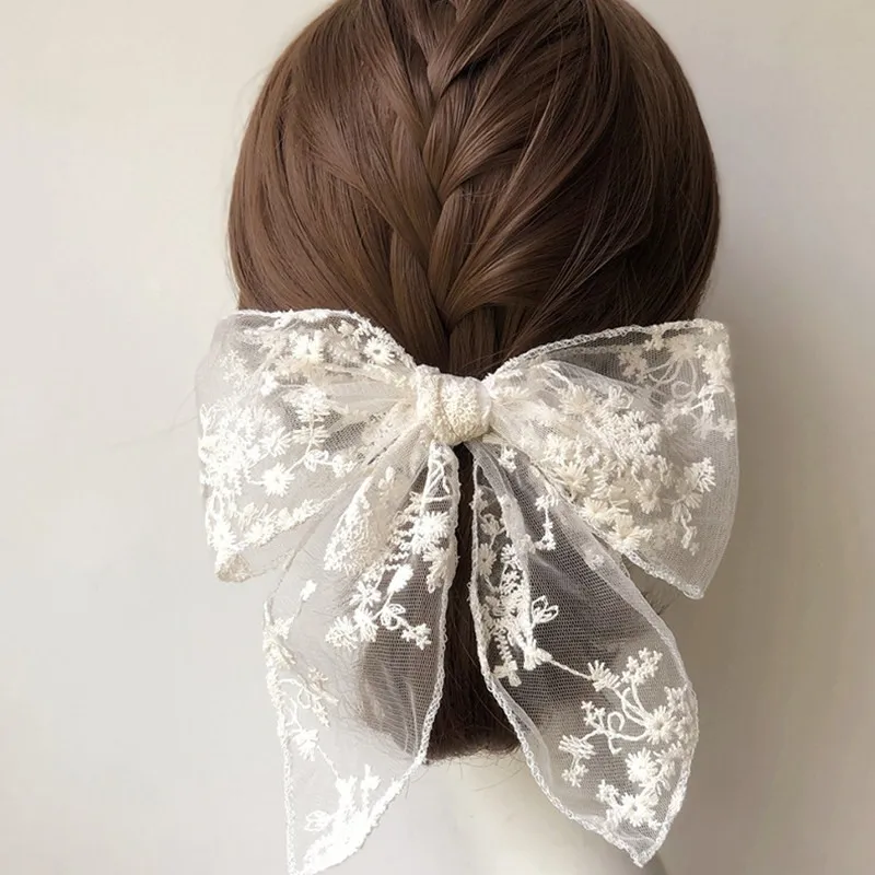 Guipure Lace Bow Hair Clip for Girls White big image 1