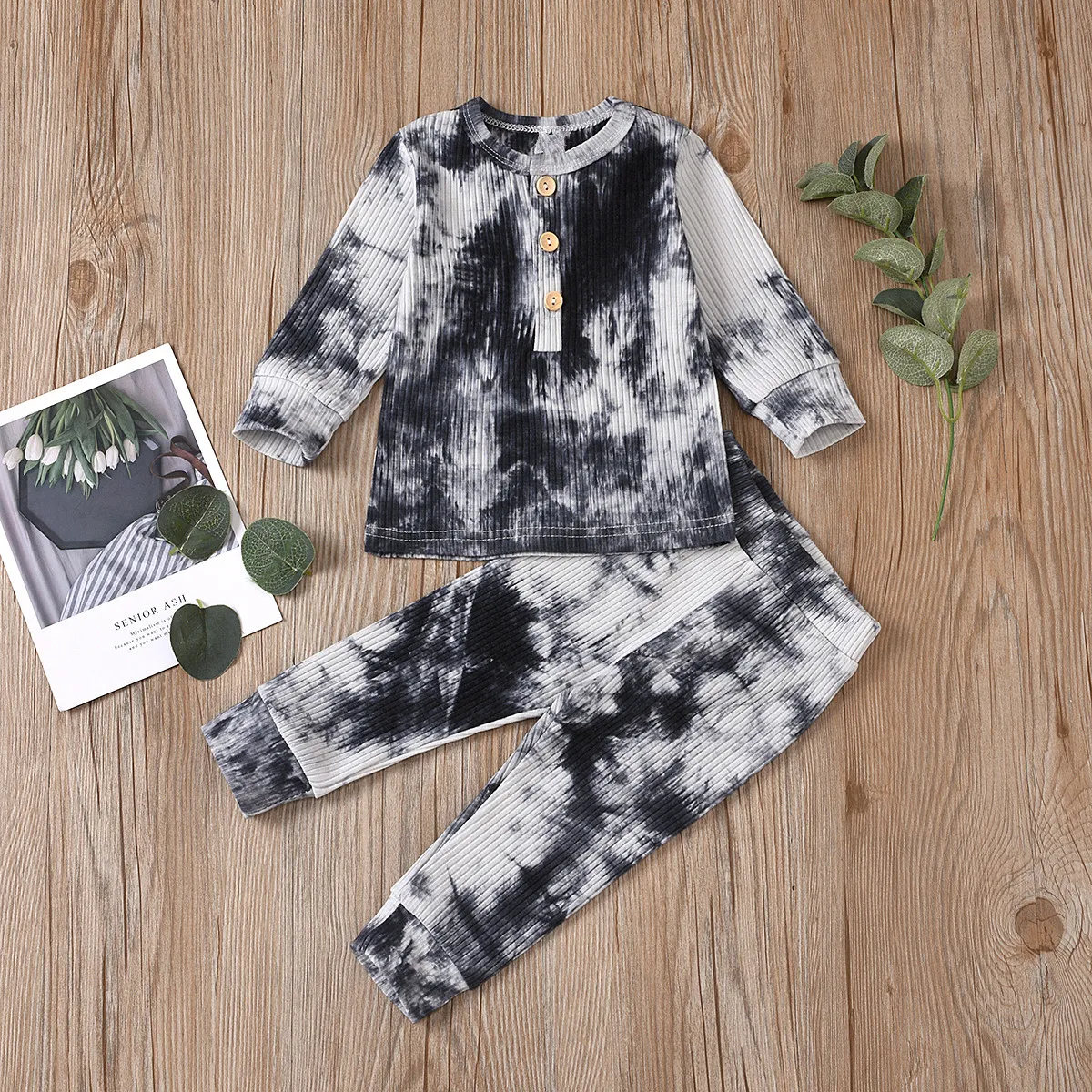 Ribbed 2pcs Tie Dyed Long-sleeve Baby Set Black
