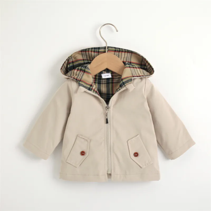 

100% Cotton Baby Solid Long-sleeve Hooded Windbreaker Coat Jacket