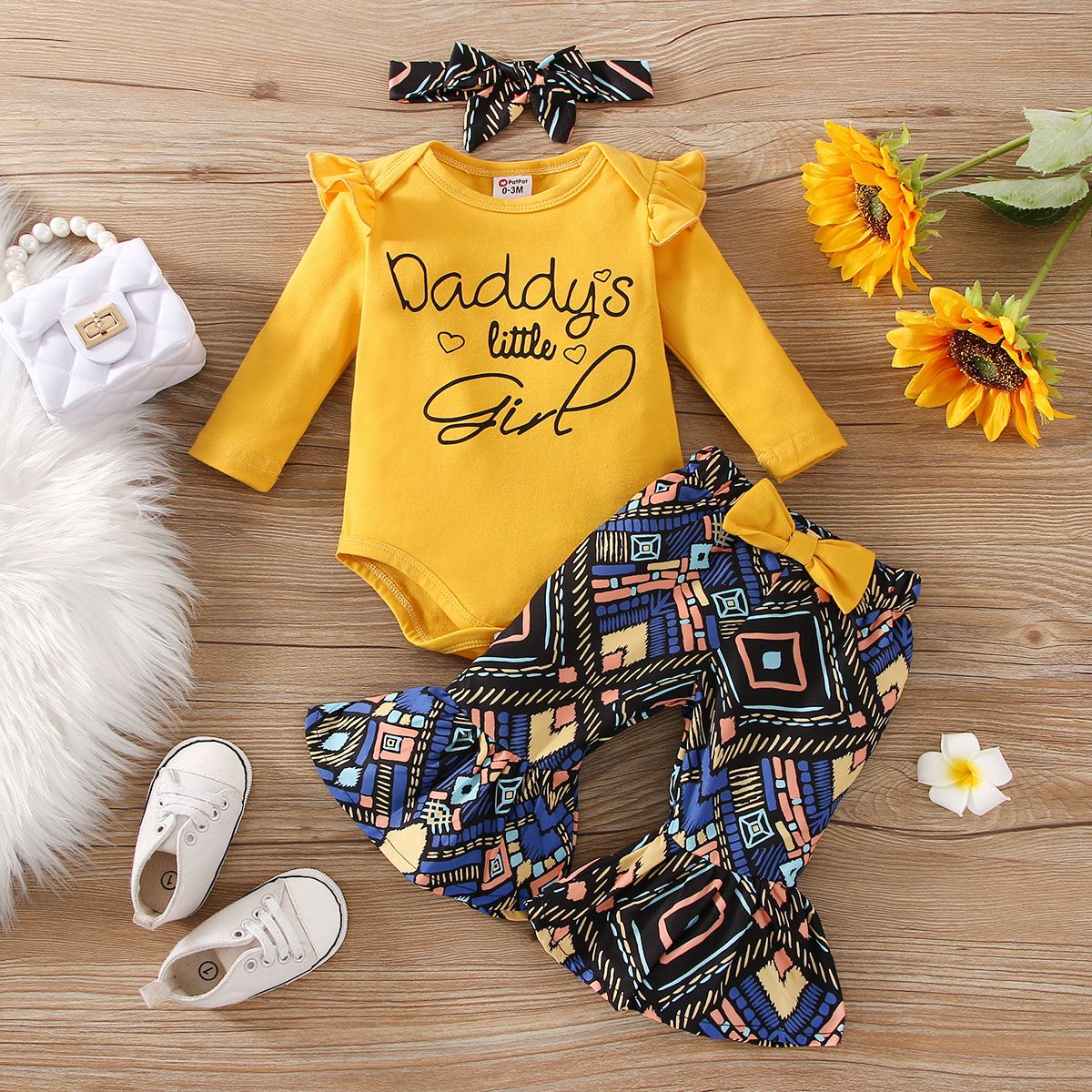 

3pcs Baby Girl 95% Cotton Long-sleeve Letter Print Romper and Boho Print Flared Pants Set