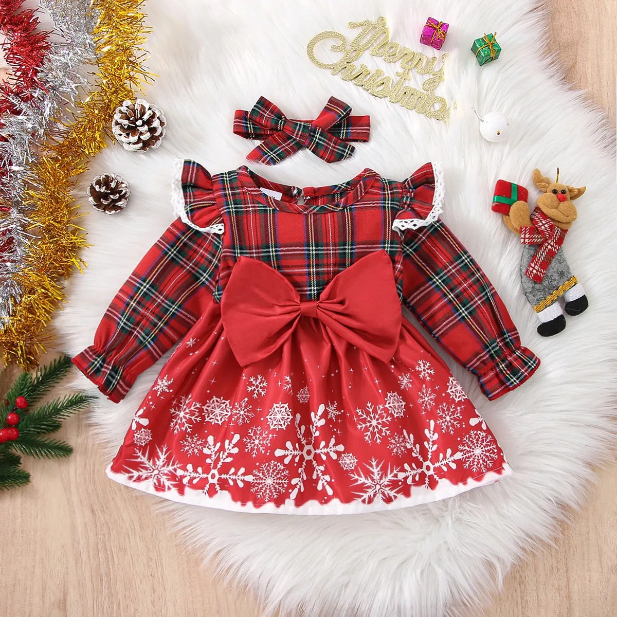 

Christmas 2pcs Baby Girl Red Plaid Ruffle Long-sleeve Spliced Snowflake Print Bow Front Dress with Headband Set