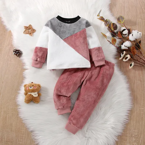 2pcs Toddler Girl Trendy Colorblock Fuzzy Fleece Sweatshirt and Pants Set