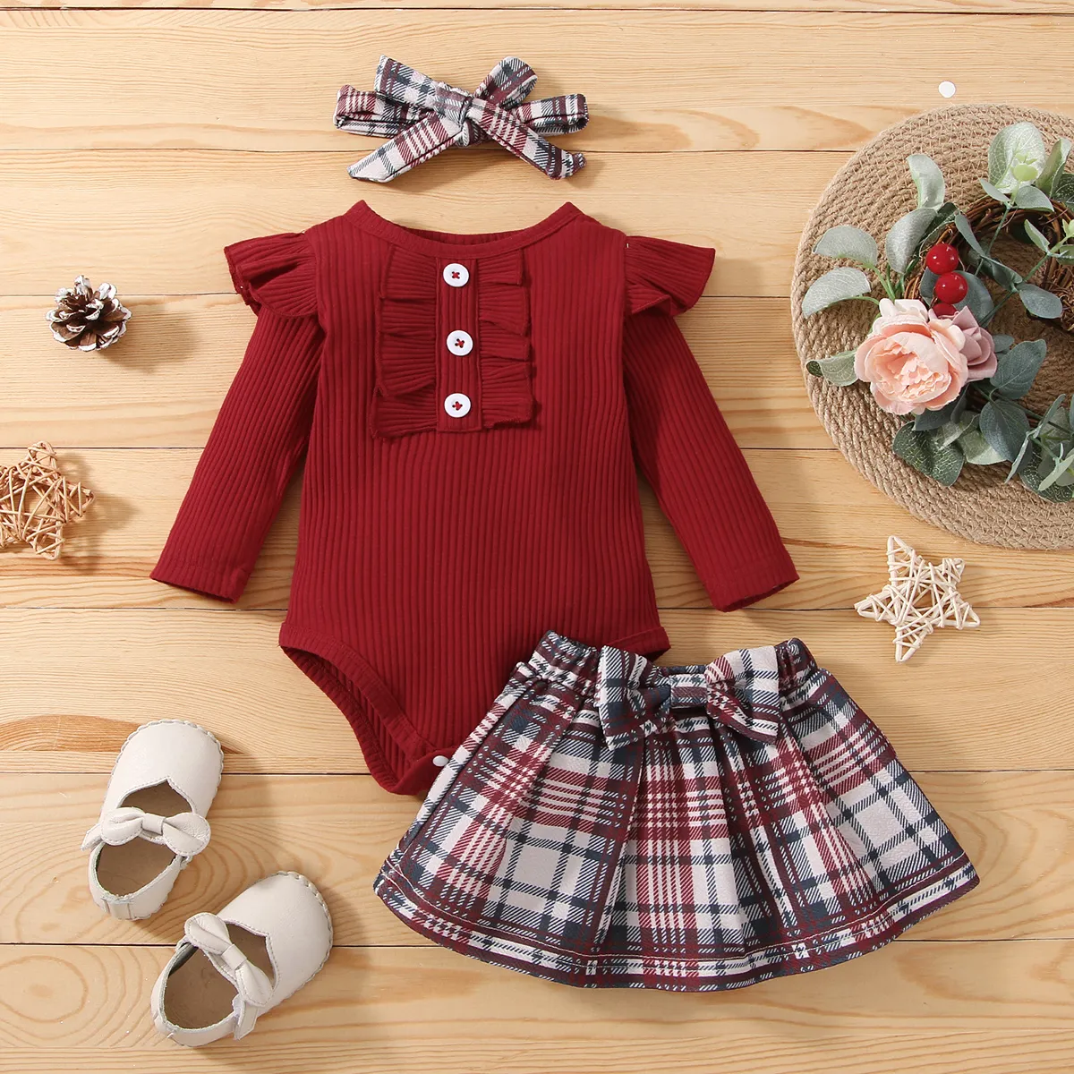 

3pcs Baby Girl Solid Ruffle Trim Long-sleeve Ribbed Romper and Red Plaid Skirt with Headband Set