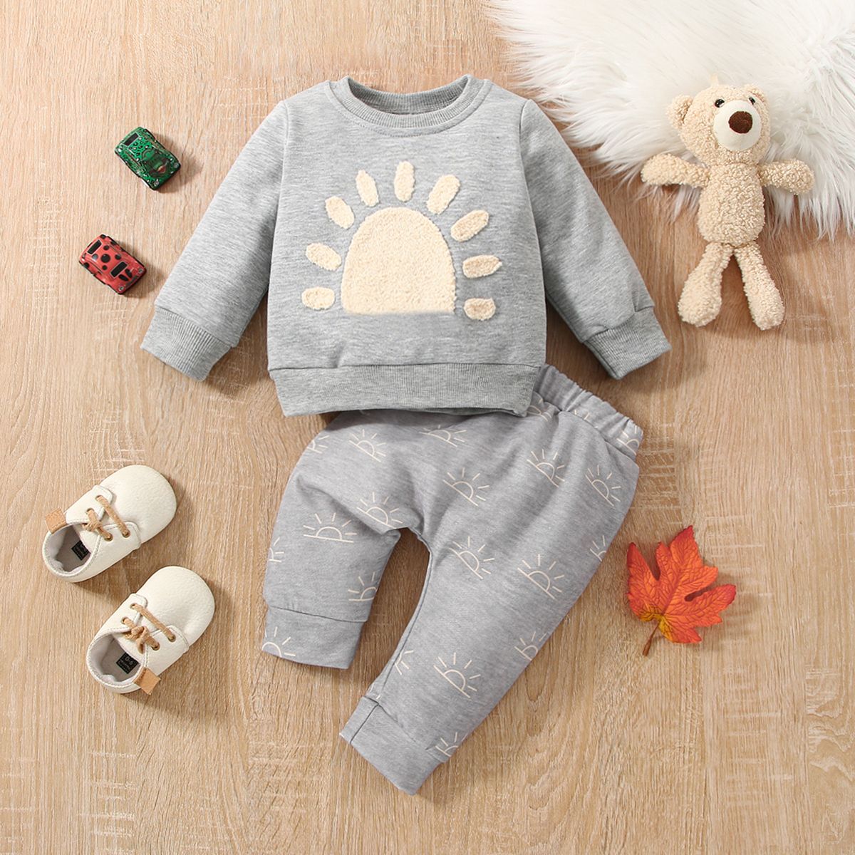 2pcs Baby Boy/Girl Long-sleeve Sun Graphic Pullover and Pants Set