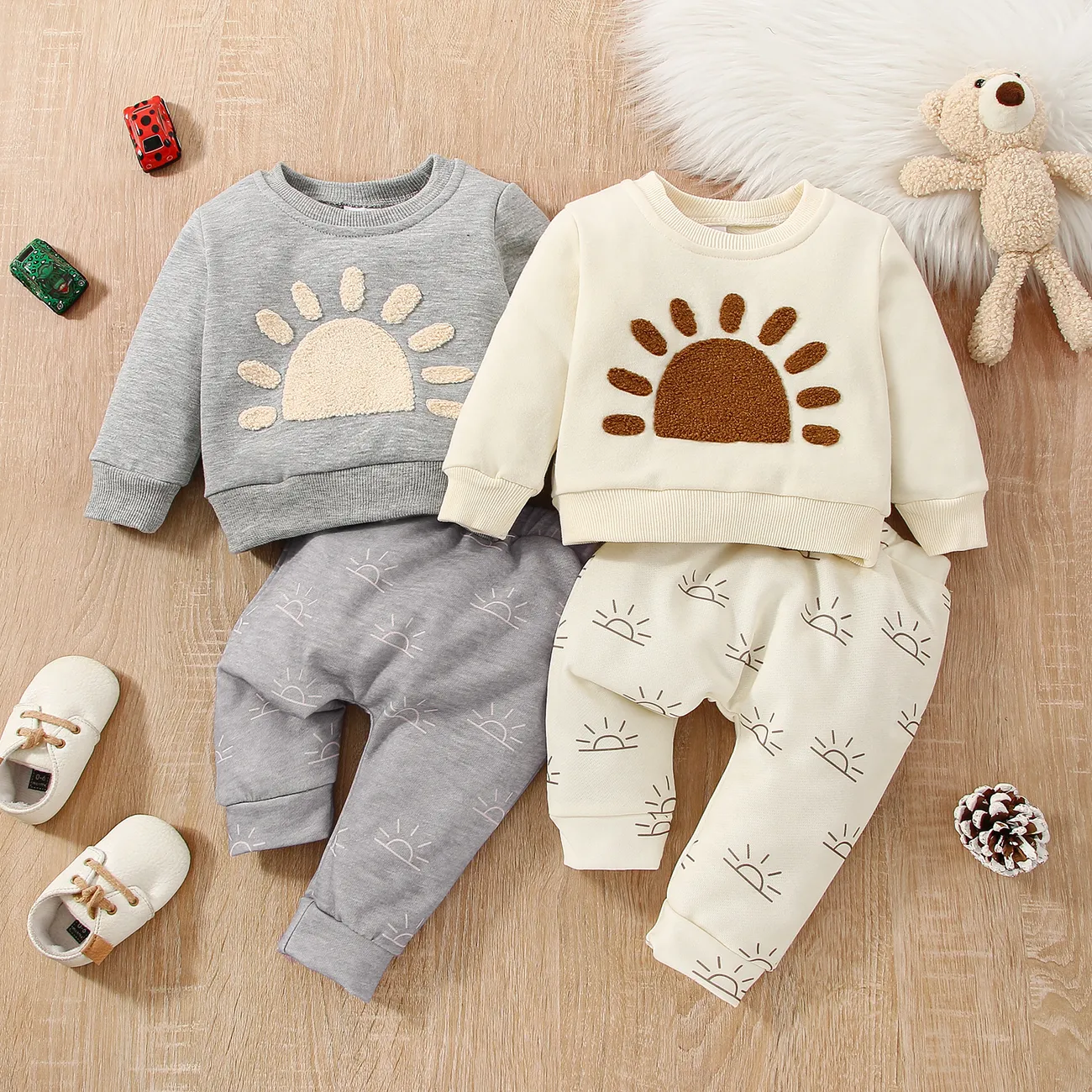 2pcs Baby Boy/Girl Long-sleeve Sun Graphic Pullover and Pants Set Grey big image 1