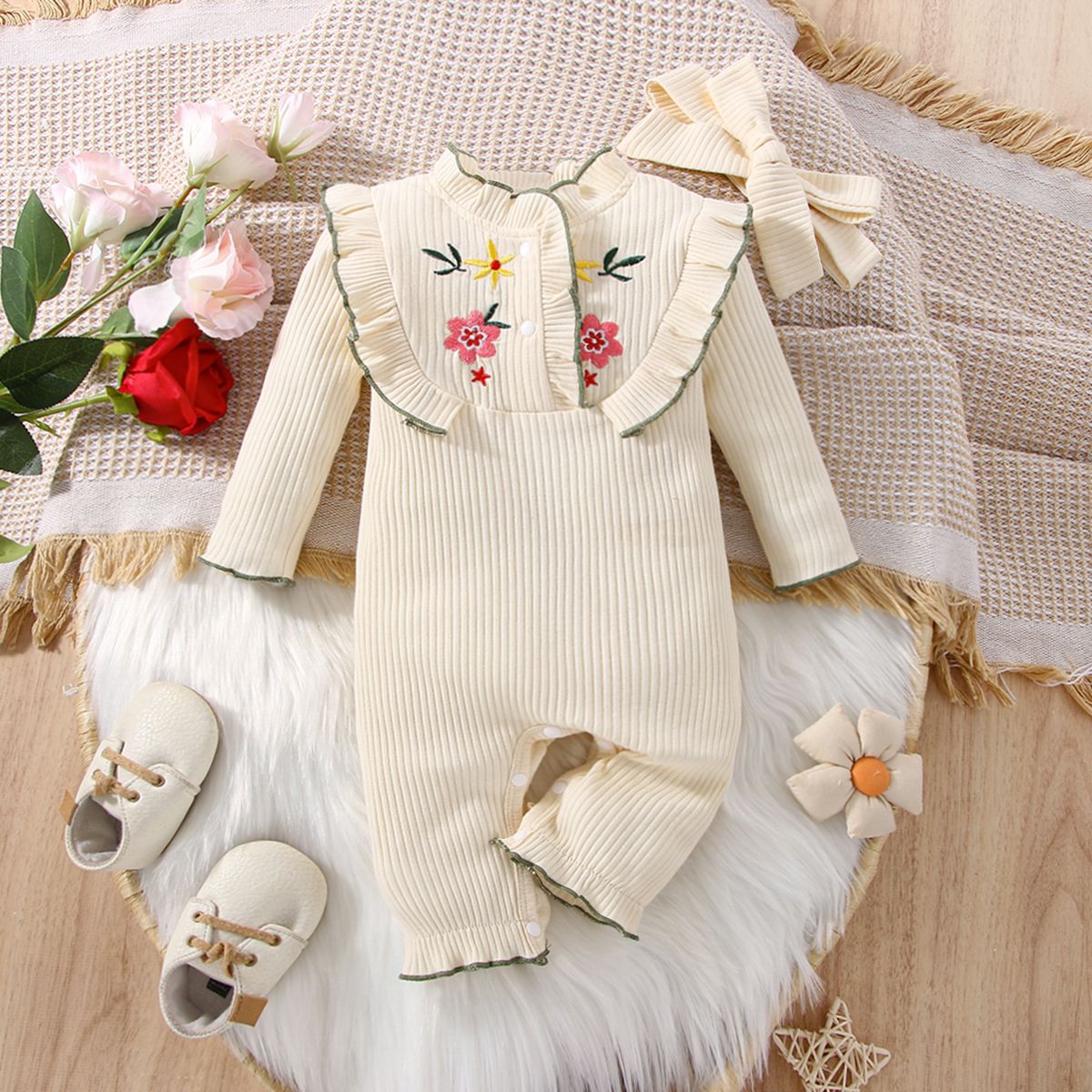

2pcs Baby Girl Floral Embroidered Ribbed Ruffle Trim Long-sleeve Jumpsuit with Headband Set