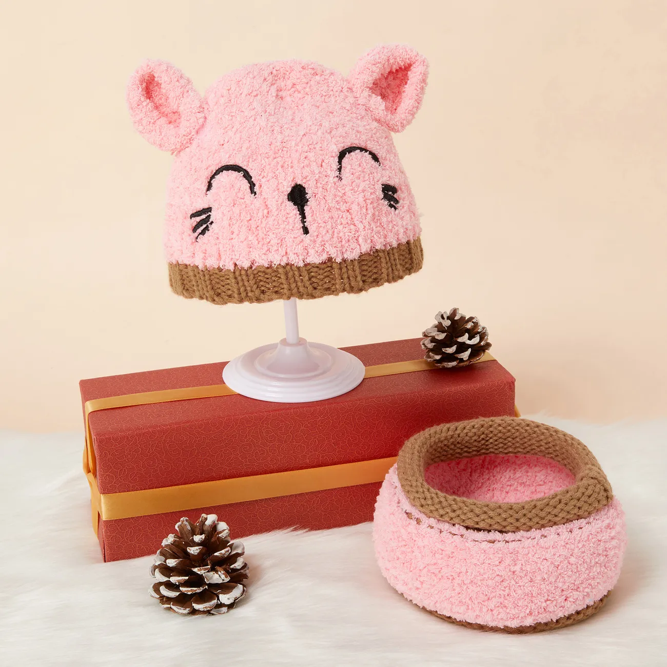 2-piece Baby / Toddler Knitted Animal Design Beanie Hat and Scarf Set Pink big image 1