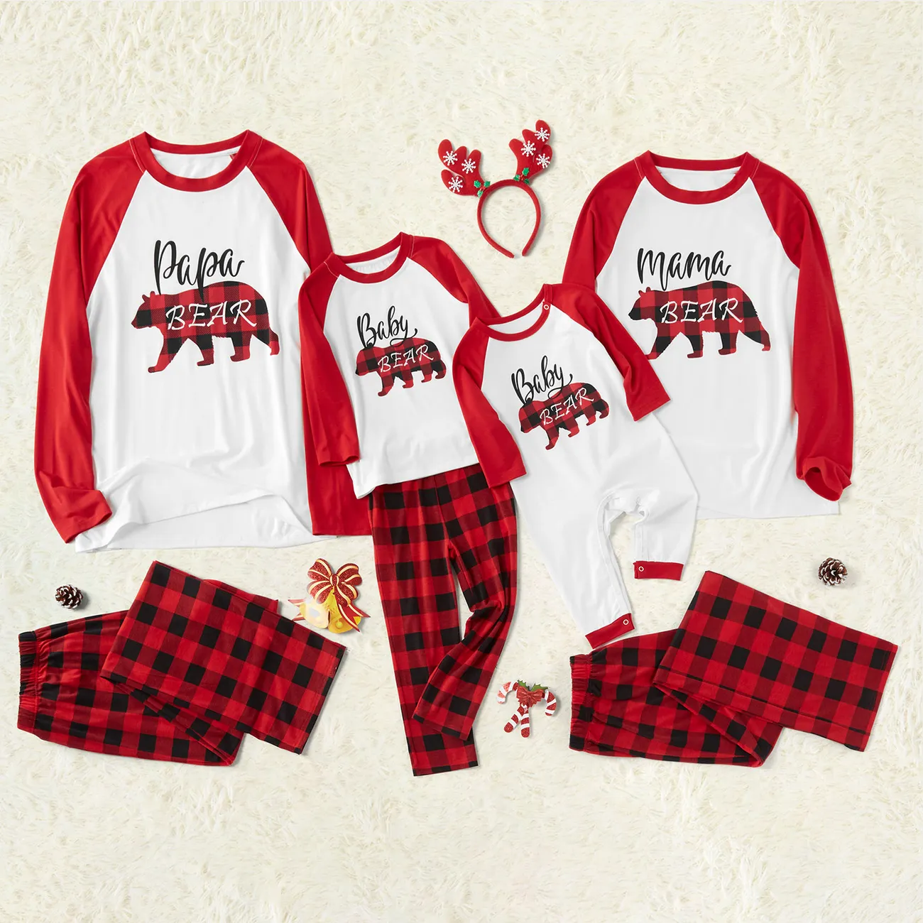 Plaid Bear Family Matching Pajamas Sets(Flame Resistant) Red/White big image 1