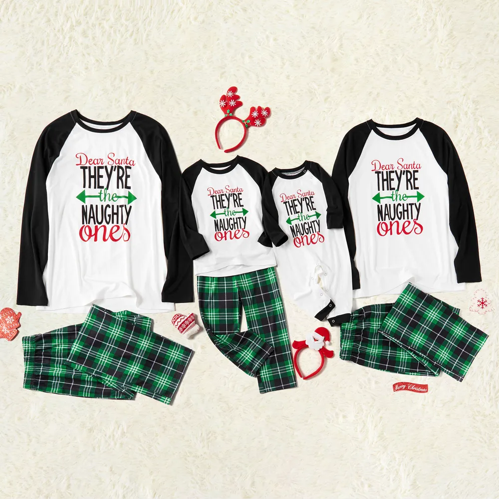 Christmas Letter Contrast Top and Plaid Pants Family Matching Pajamas Sets (Flame Resistant)  big image 5