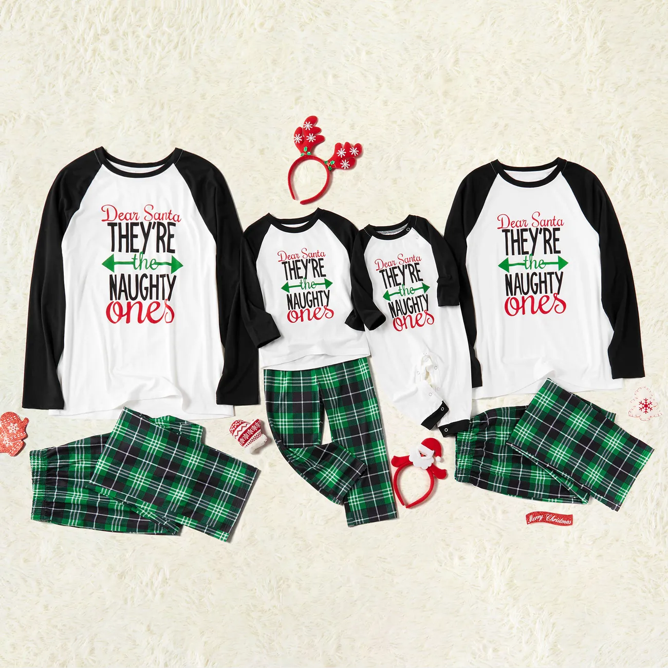 Christmas Letter Contrast Top and Plaid Pants Family Matching Pajamas Sets (Flame Resistant) Black/White big image 1