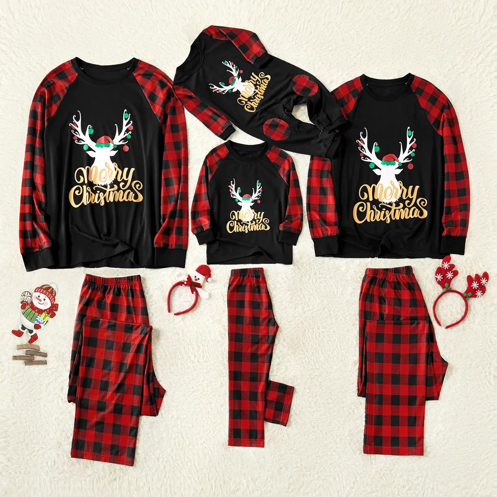 Merry Christmas Letter Antler Print Plaid Splice Matching Pajamas Sets for Family (Flame Resistant)  big image 4