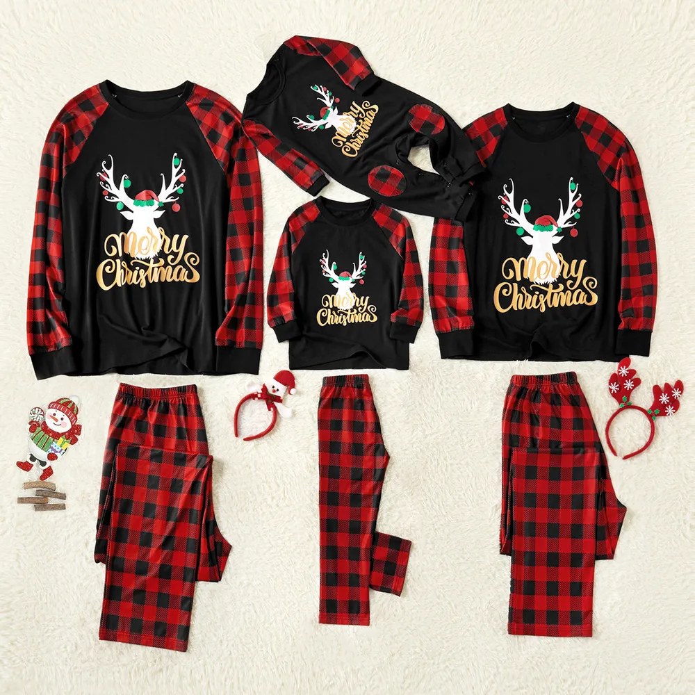 Merry Christmas Letter Antler Print Plaid Splice Matching Pajamas Sets for Family (Flame Resistant) big image 4