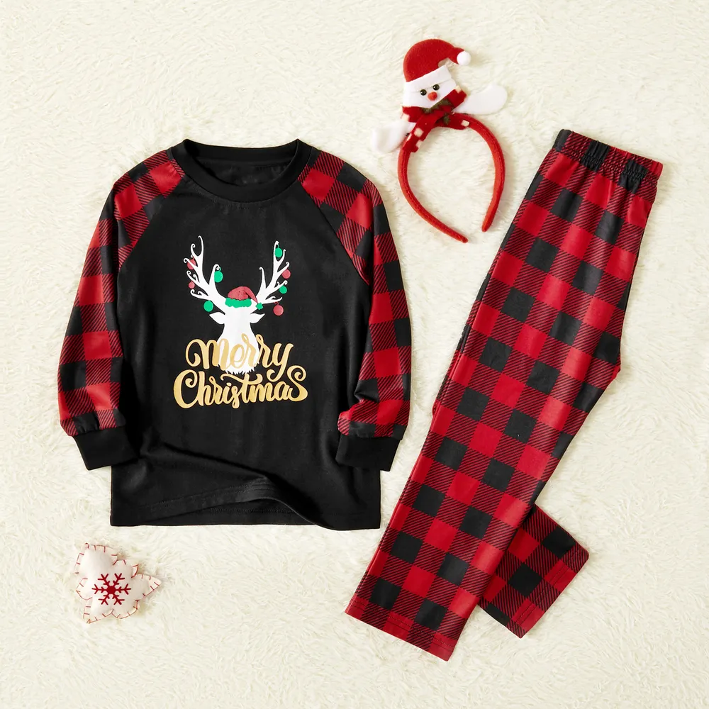 Merry Christmas Letter Antler Print Plaid Splice Matching Pajamas Sets for Family (Flame Resistant) big image 11