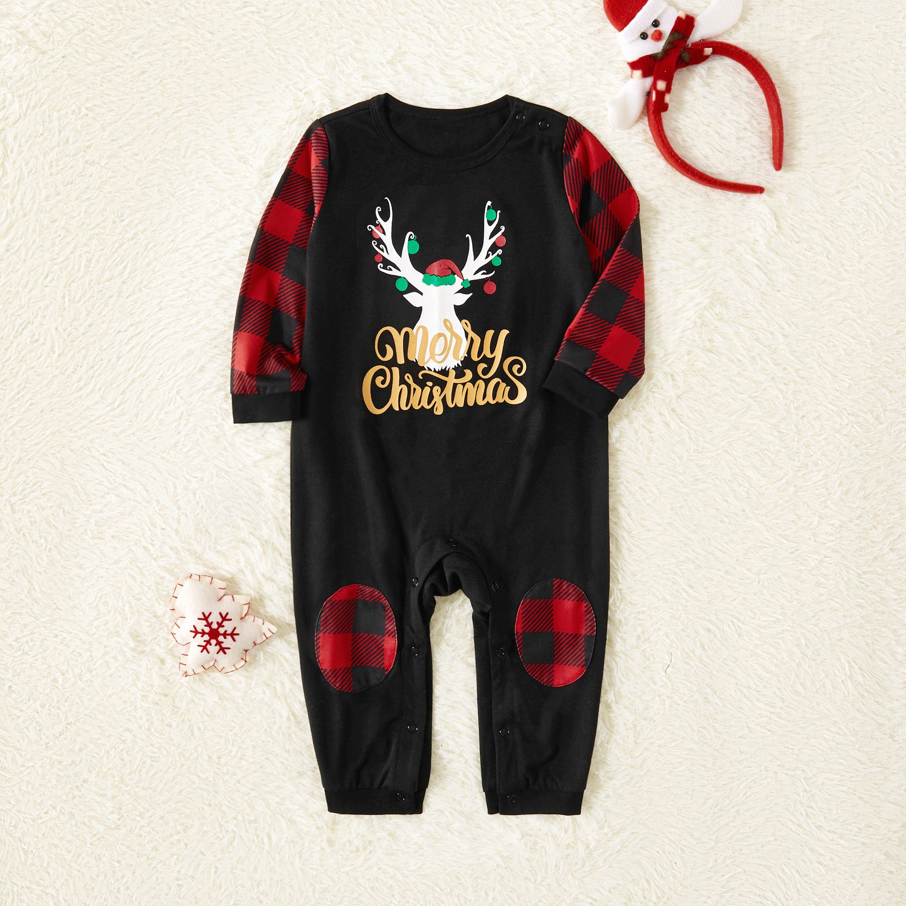 Merry Christmas Letter Antler Print Plaid Splice Matching Pajamas Sets For Family (Flame Resistant)