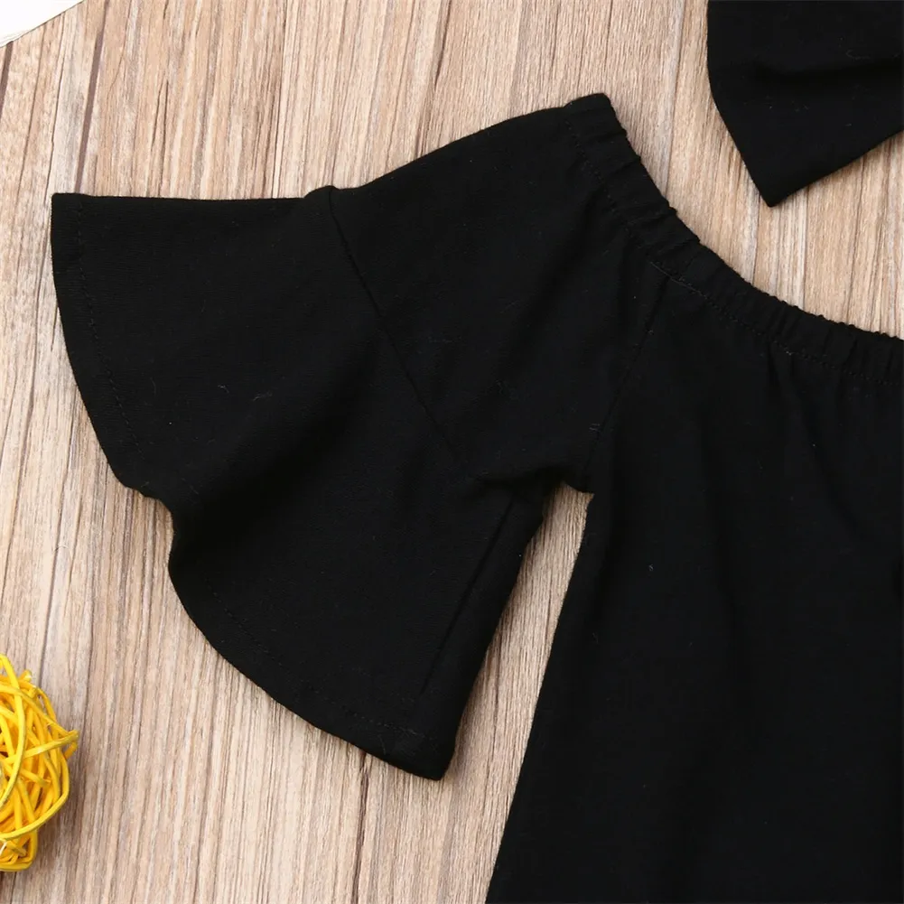 3-piece Baby Solid Flutter-sleeve Off Shoulder Top and Leopard Print Bowknot Nine-minute Denim Jeans Set Black big image 1
