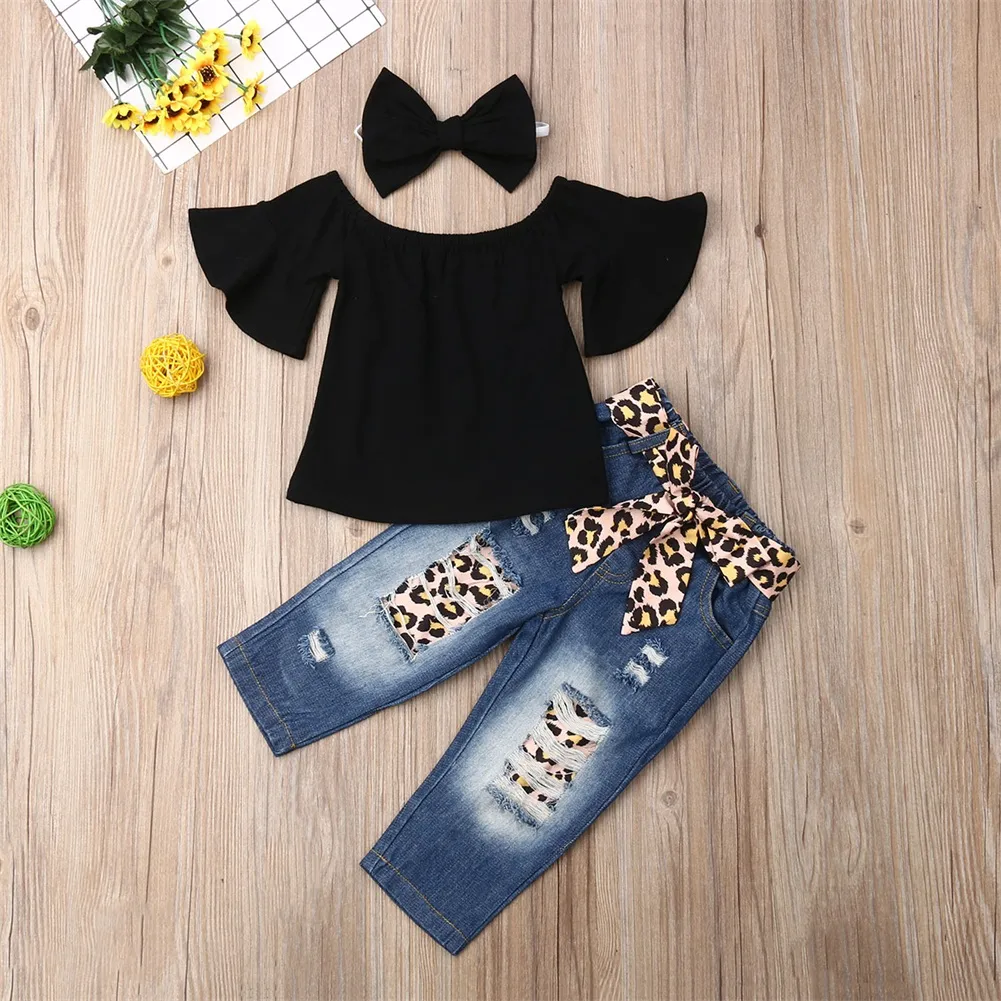 

3-piece Baby Solid Flutter-sleeve Off Shoulder Top and Leopard Print Bowknot Nine-minute Denim Jeans Set