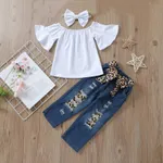 3-piece Baby Solid Flutter-sleeve Off Shoulder Top and Leopard Print Bowknot Nine-minute Denim Jeans Set White