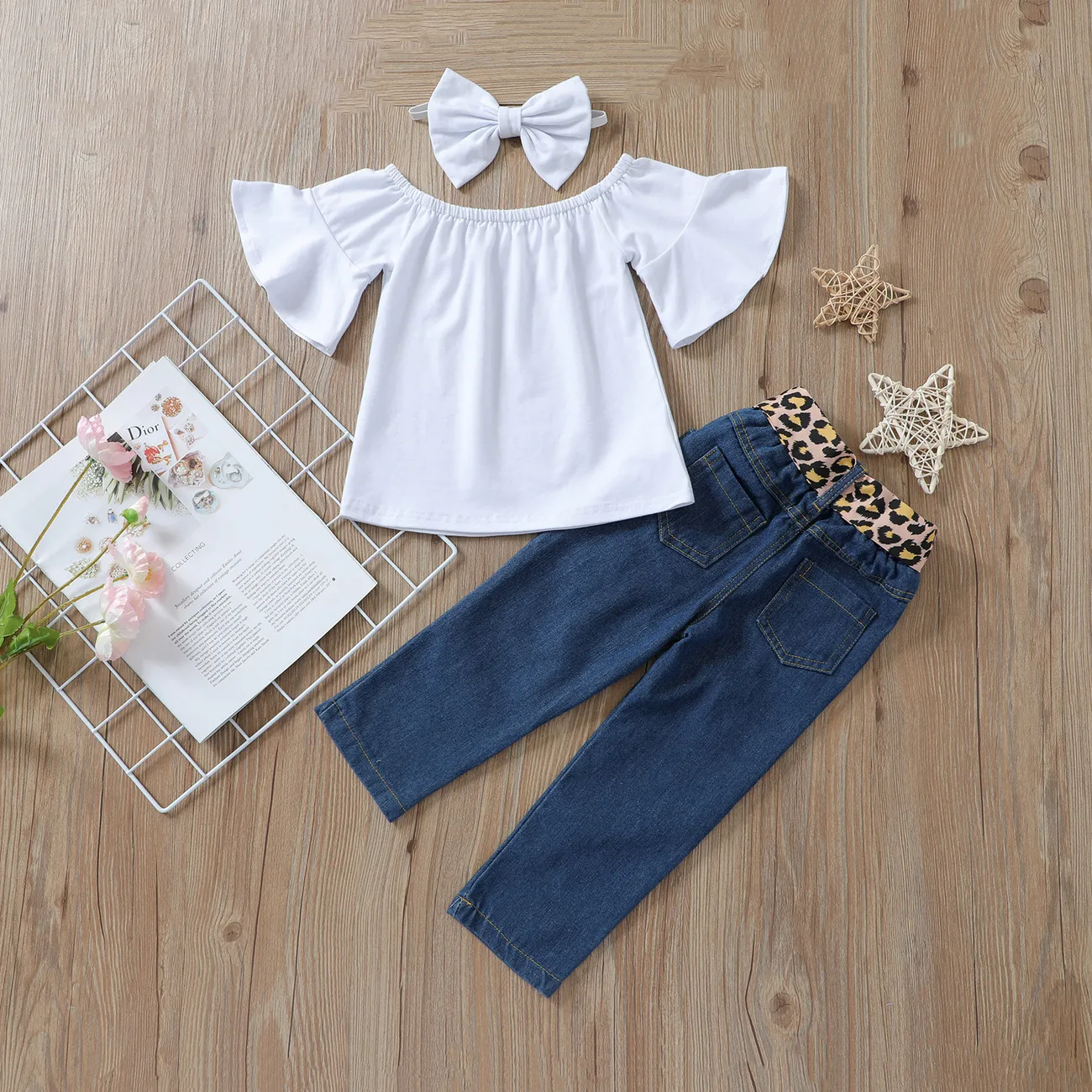 3-piece Baby Solid Flutter-sleeve Off Shoulder Top and Leopard Print Bowknot Nine-minute Denim Jeans Set White big image 1