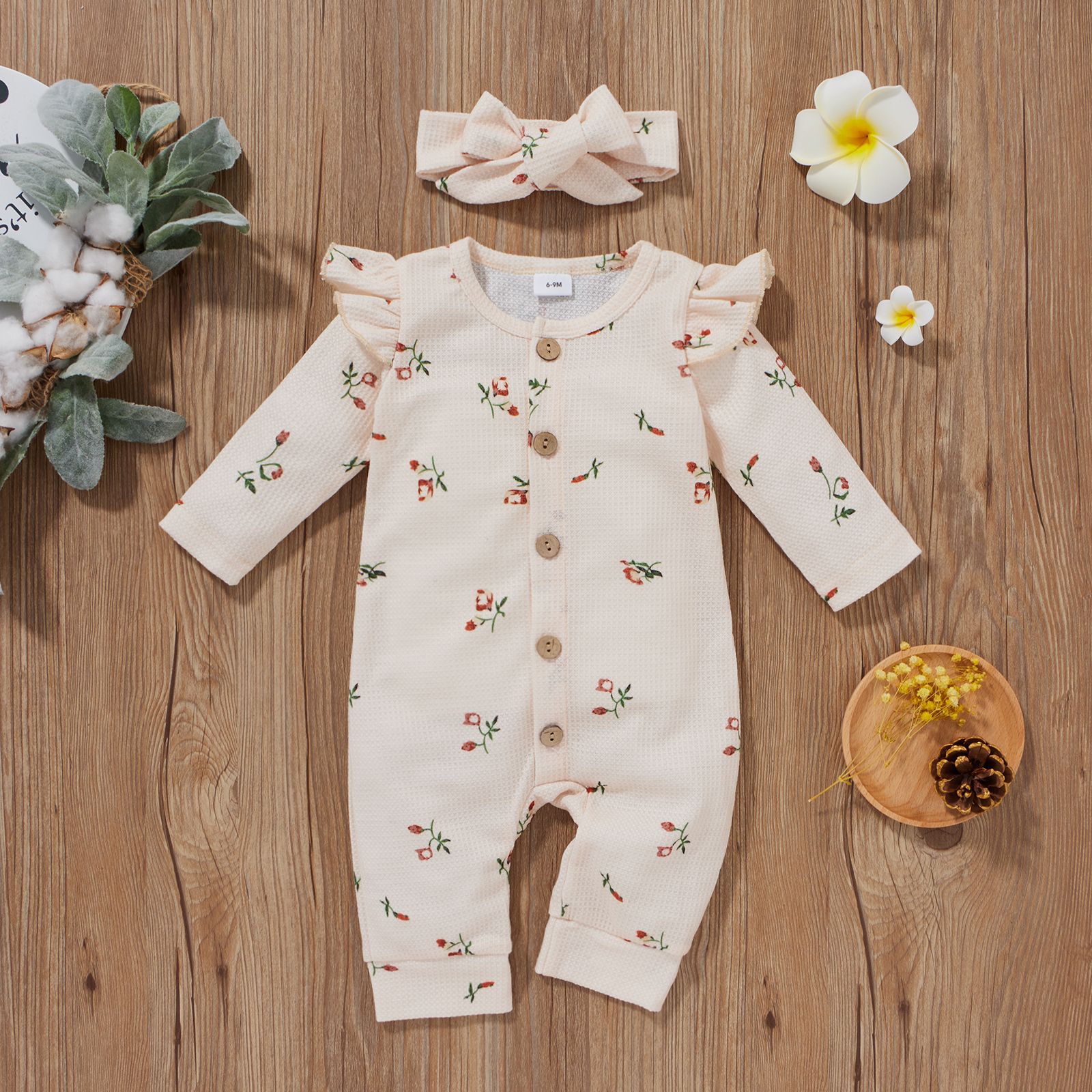 2pcs Baby Girl 95% Cotton Long-sleeve Floral Print Ruffle Button Up Waffle Jumpsuit with Headband Se