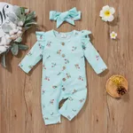 2pcs Baby Girl 95% Cotton Long-sleeve Floral Print Ruffle Button Up Waffle Jumpsuit with Headband Set Light Blue
