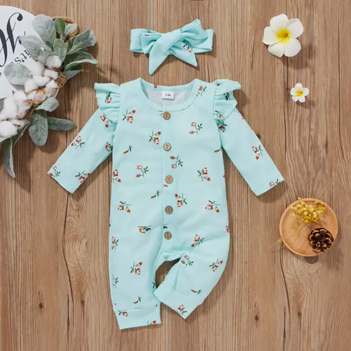 2pcs Baby Girl 95% Cotton Long-sleeve Floral Print Ruffle Button Up Waffle Jumpsuit with Headband Set