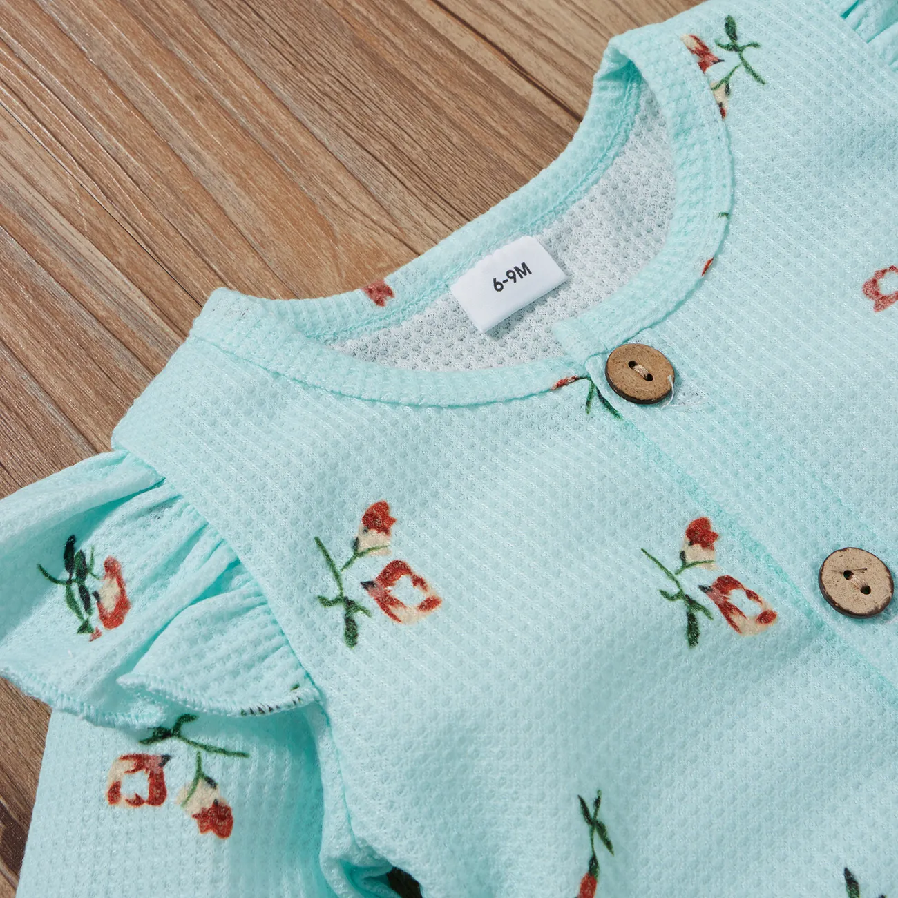 2pcs Baby Girl 95% Cotton Long-sleeve Floral Print Ruffle Button Up Waffle Jumpsuit with Headband Set Light Blue big image 1