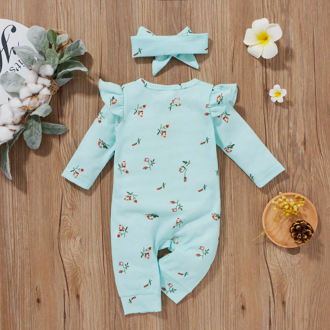 2pcs Baby Girl 95% Cotton Long-sleeve Floral Print Ruffle Button Up Waffle Jumpsuit with Headband Set Light Blue big image 1