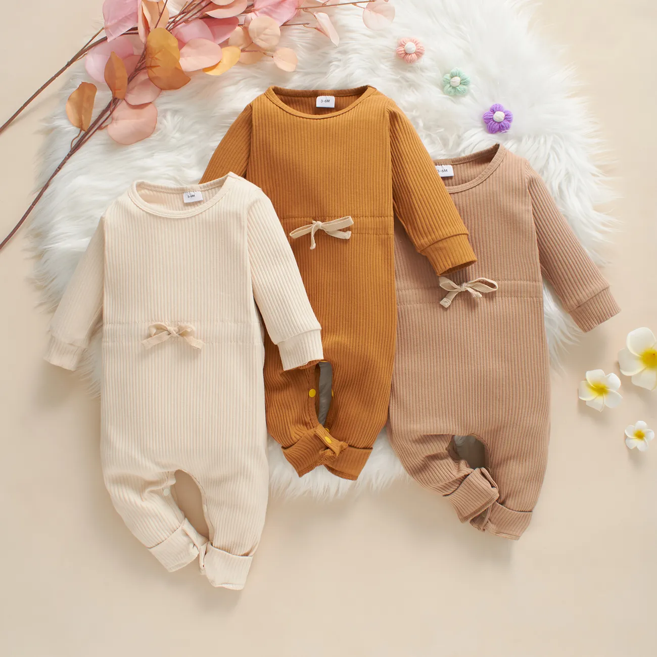 Baby Solid Ribbed Long-sleeve Drawstring Jumpsuit Playsuit Beige big image 1