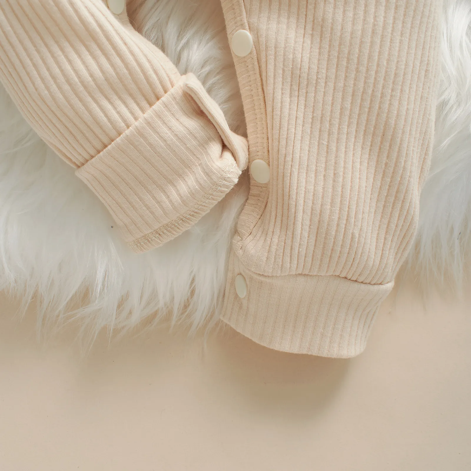 Baby Solid Ribbed Long-sleeve Drawstring Jumpsuit Playsuit Beige image 4