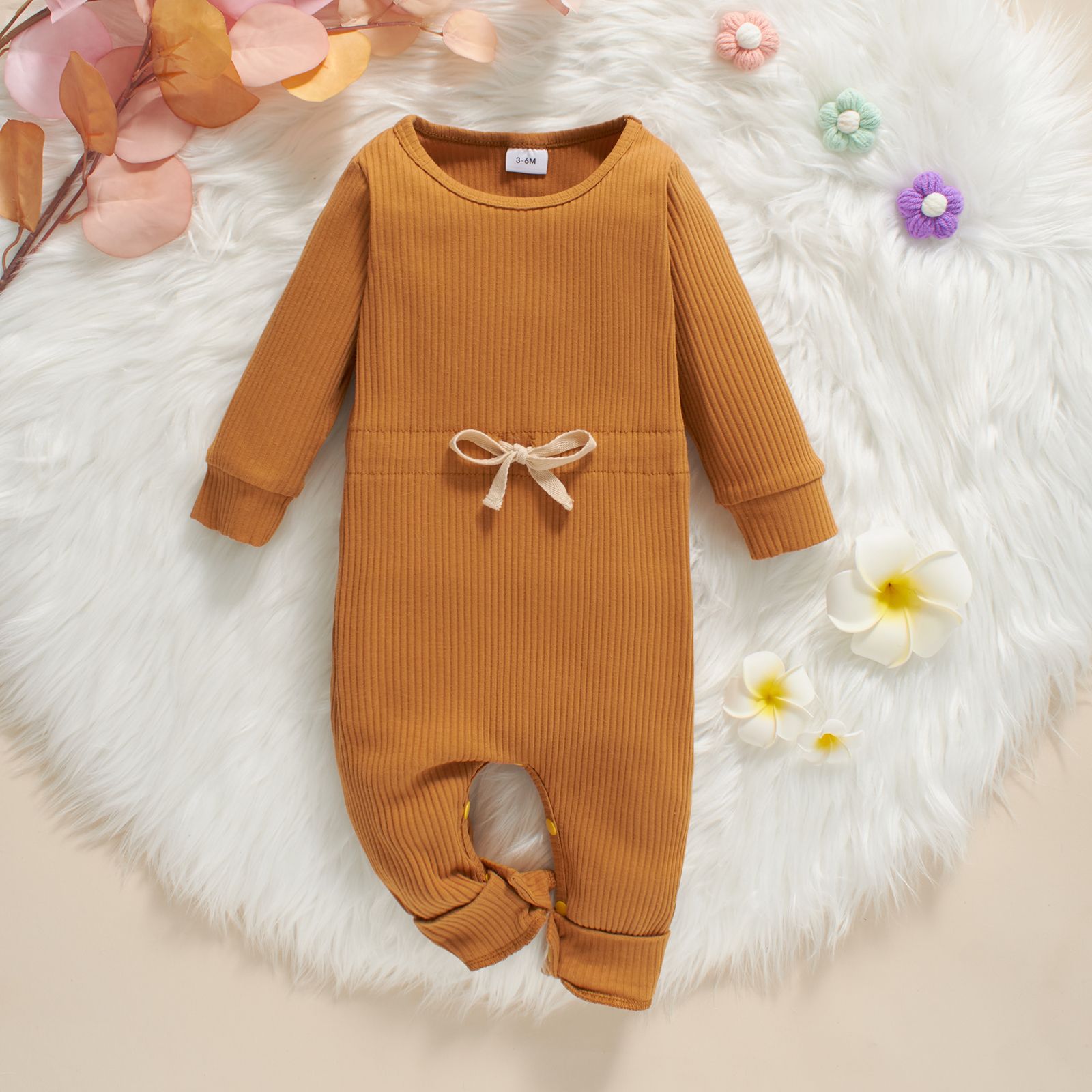 Baby Solid Ribbed Long-sleeve Drawstring Jumpsuit Playsuit