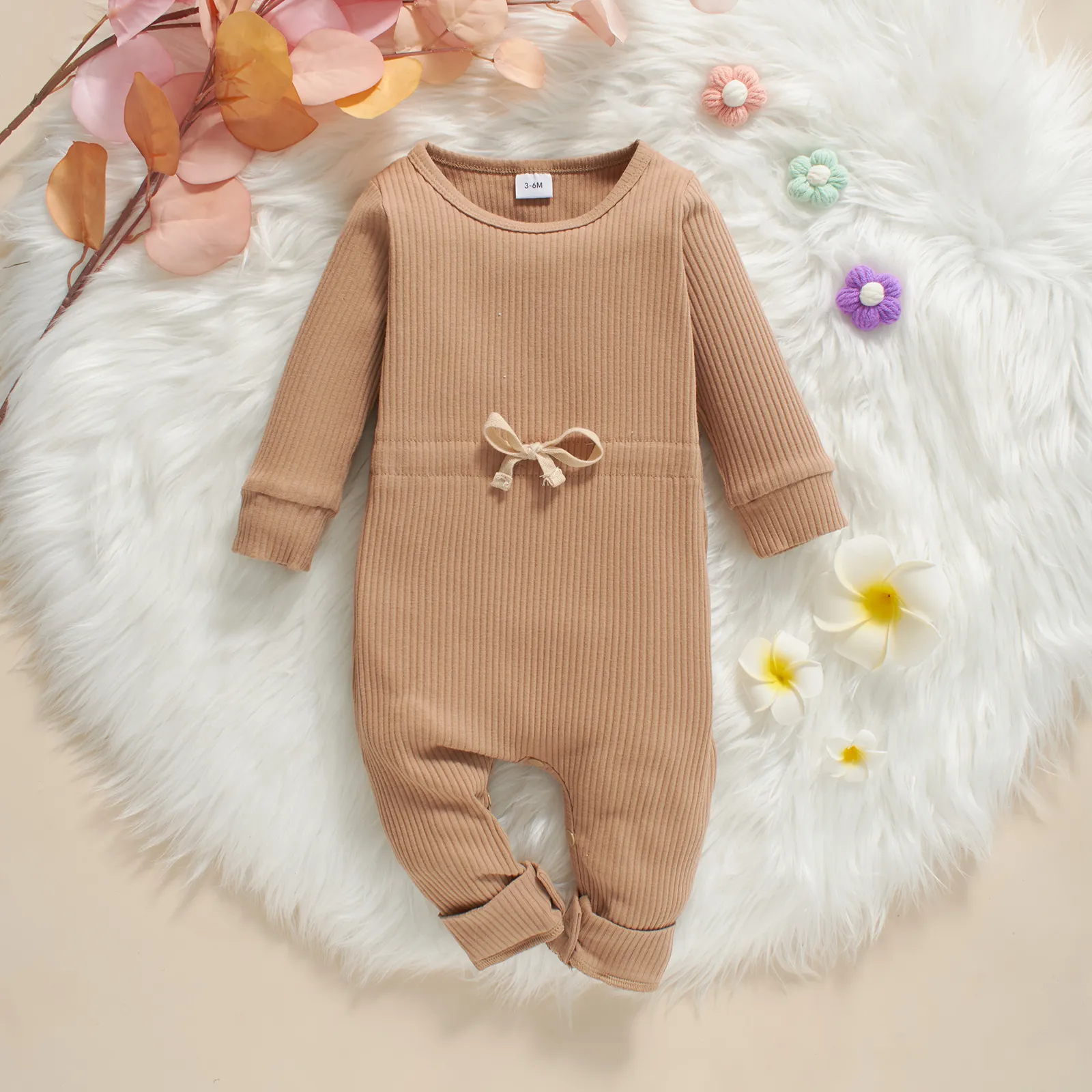Baby Solid Ribbed Long-sleeve Drawstring Jumpsuit Playsuit Apricot