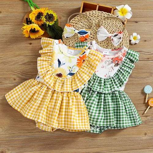 2pcs Baby Girl Floral Print Splicing Plaid Ruffle Sleeveless Romper Dress with Headband Set