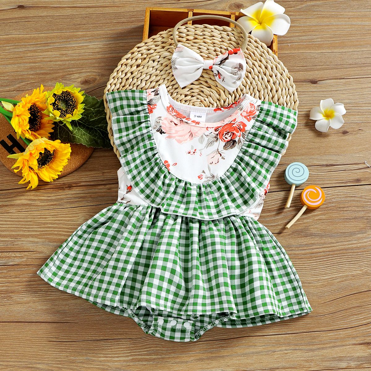 2pcs Baby Girl Floral Print Splicing Plaid Ruffle Sleeveless Romper Dress With Headband Set