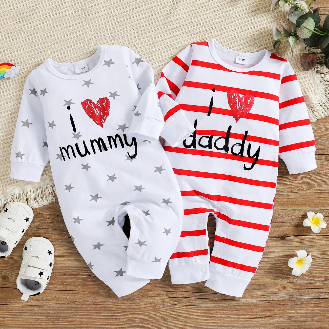 Baby Boy/Girl 95% Cotton Long-sleeve Love Heart Letter Print Stars/Striped Jumpsuit White big image 1