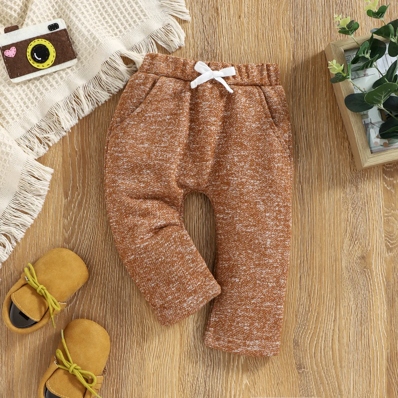 pantalon bébé garçon/fille 95% coton chiné taille élastiquée Marron big image 1
