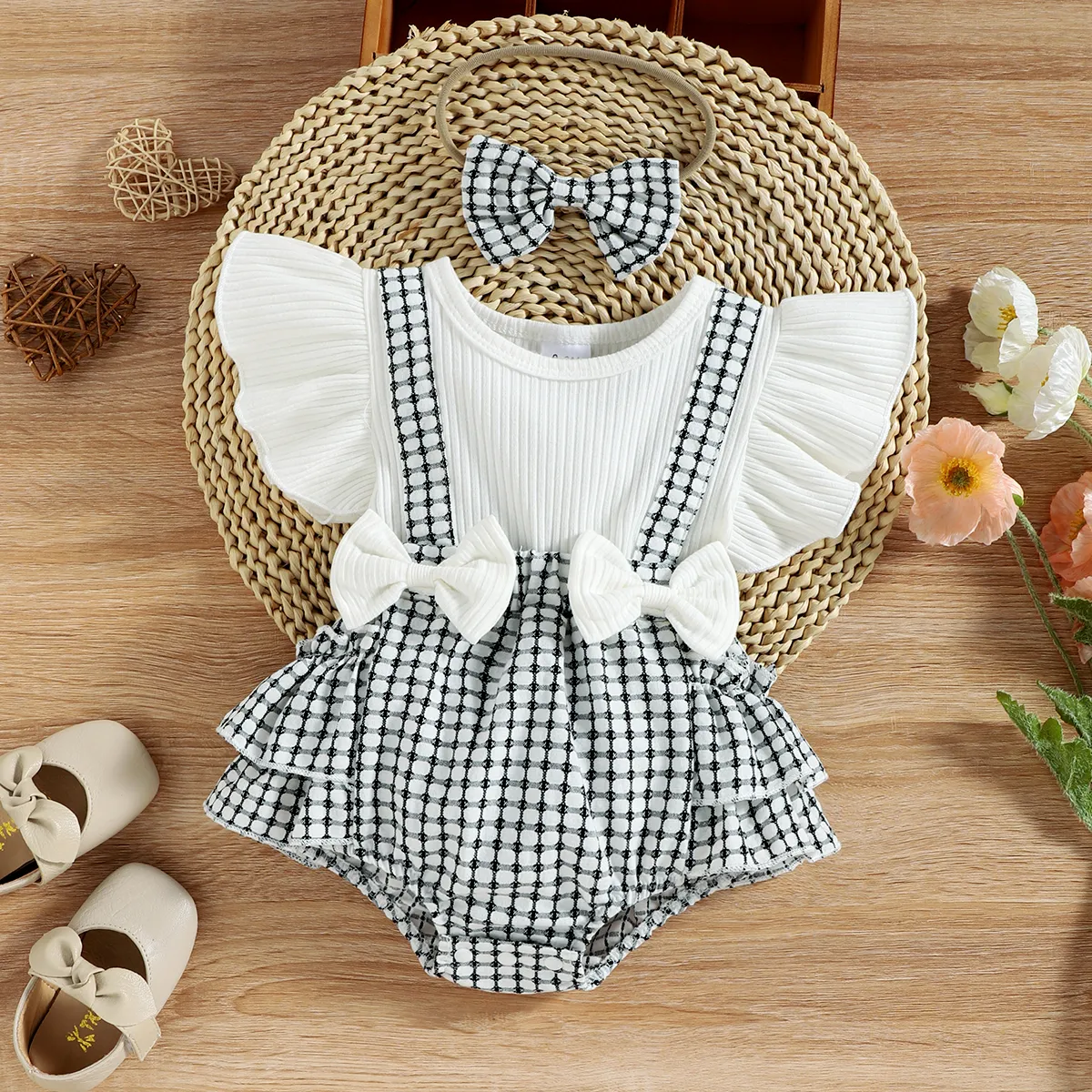 2pcs Baby Girl 95% Cotton Ribbed Ruffle-sleeve Bowknot Splicing Plaid Layered Romper with Headband S